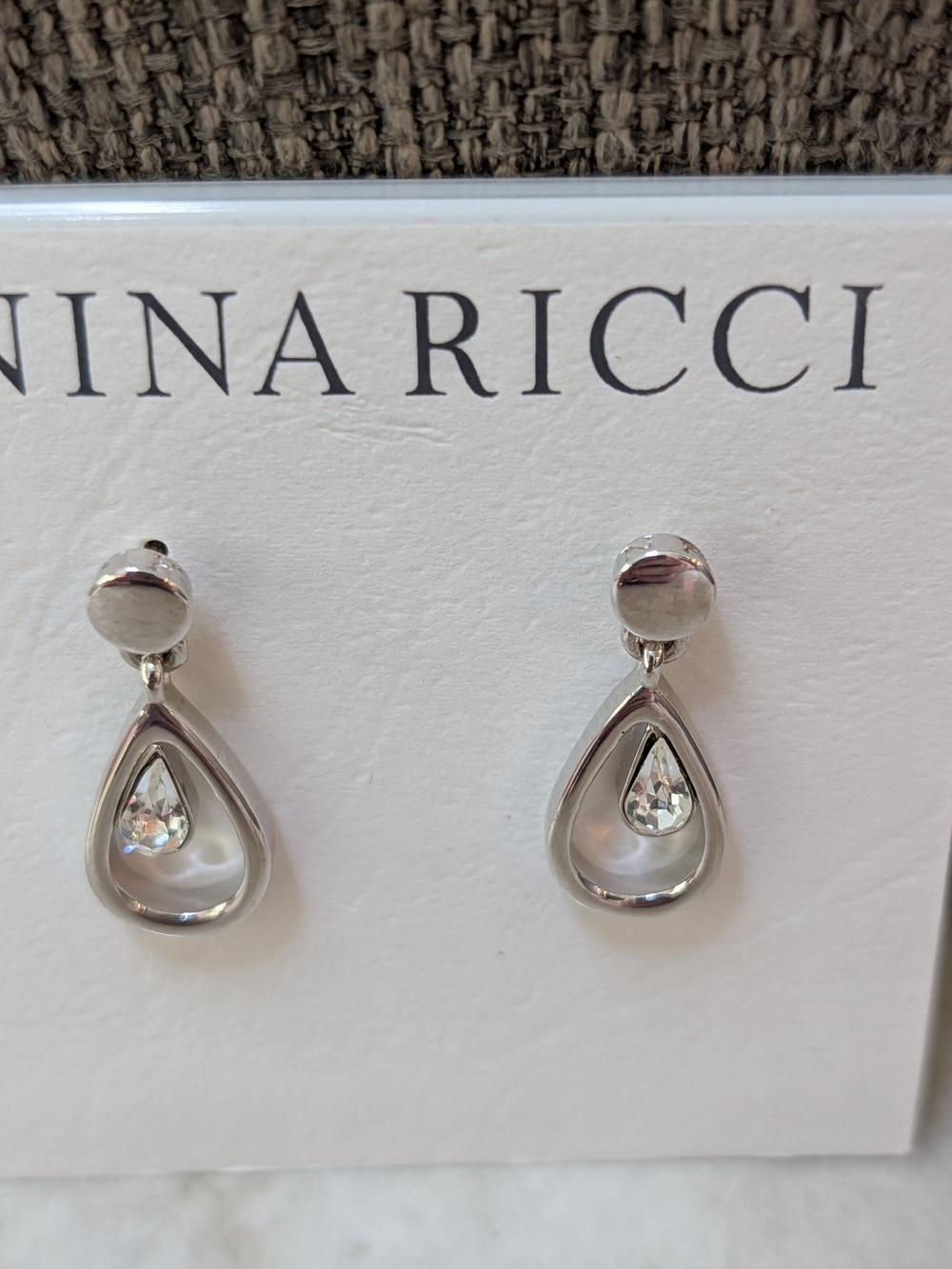 Nina Ricci Silver Teardrop Earrings with Clear Swarovski Crystals NWOT